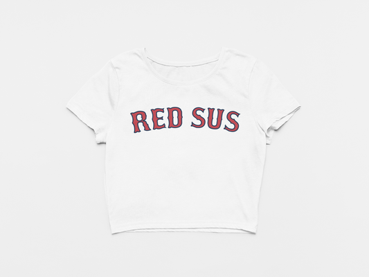 front of crop top, white crop top, red lettering with blue outline, red sus, boston red sox