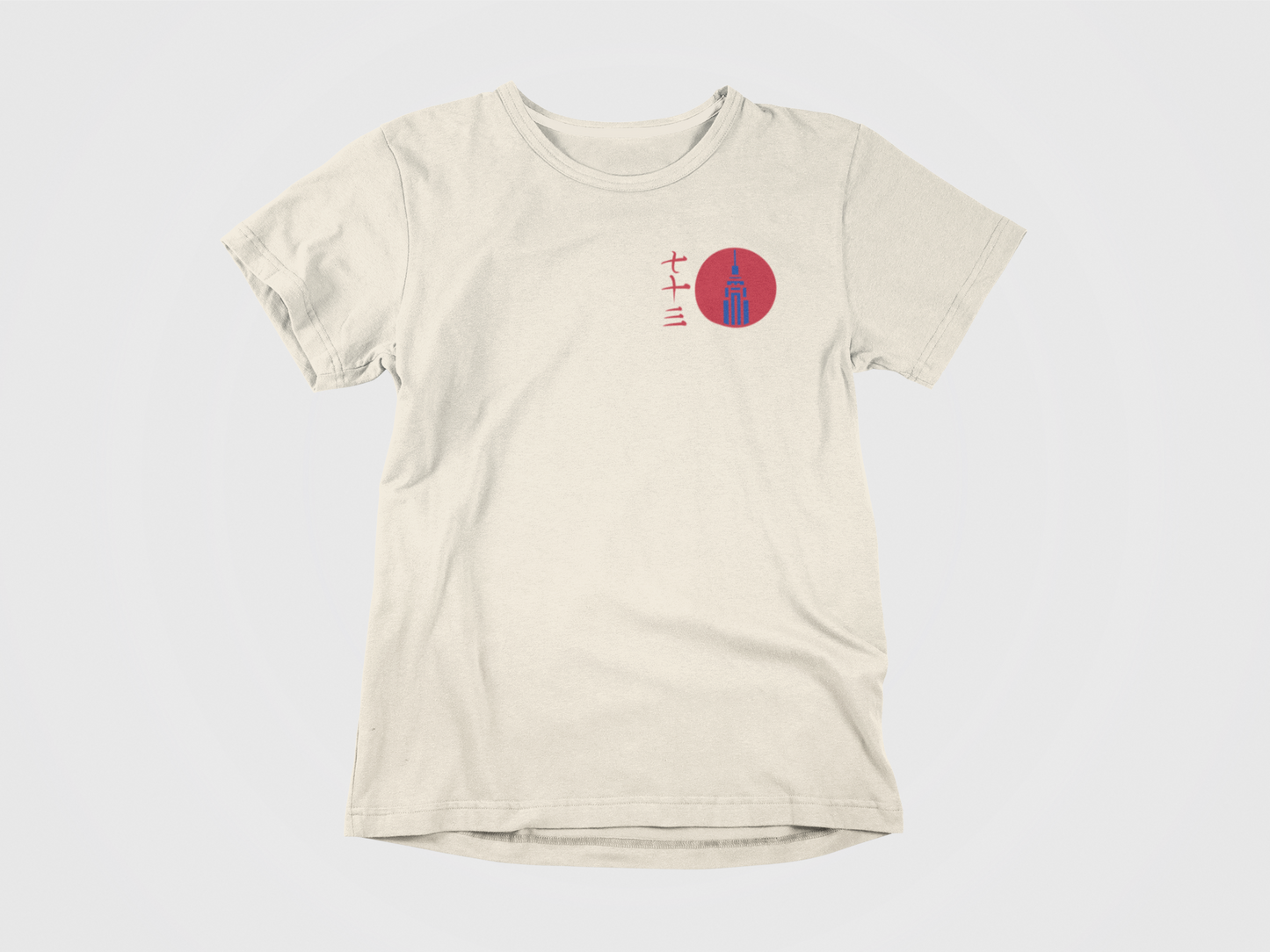 front of shirt, cream colored shirt, empire state building, rempire state building, rempe's dojo, kanji, japanise writing, red sun, red circle, fight an empire, empire building in the sun, empire building in red circle, new york rangers 