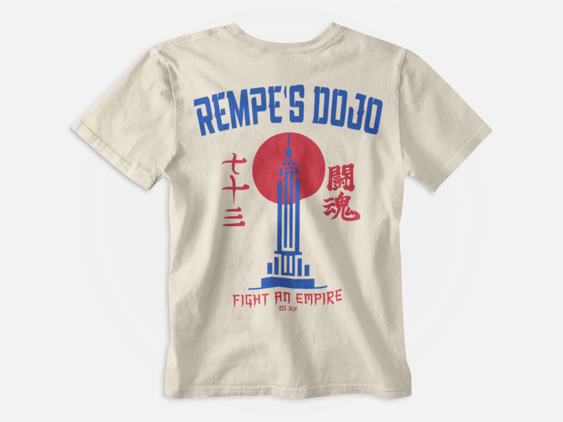 back of shirt, cream colored shirt, empire state building, rempire state building, rempe's dojo, kanji, japanise writing, red sun, red circle, fight an empire, empire building in the sun, empire building in red circle, new york rangers