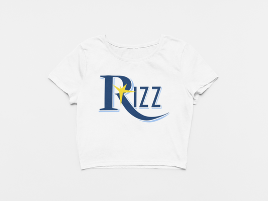 White crop top, front of crop top, Rizz, tampa bay rays, rays logo, starburst, blue and light blue font, rays