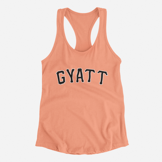 orange tank top, front of tank top, gyatt across the chest, giants font, san francisco giants, black and white lettering, giants, gyatt