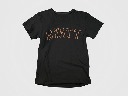 black shirt, front of shirt, gyatt across the chest, giants font, san francisco giants, black and orange lettering, giants, gyatt shirt