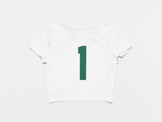 Front of Crop Top, Color White, Number 1 printed in Green, New York Jets, Sauce Gardnger