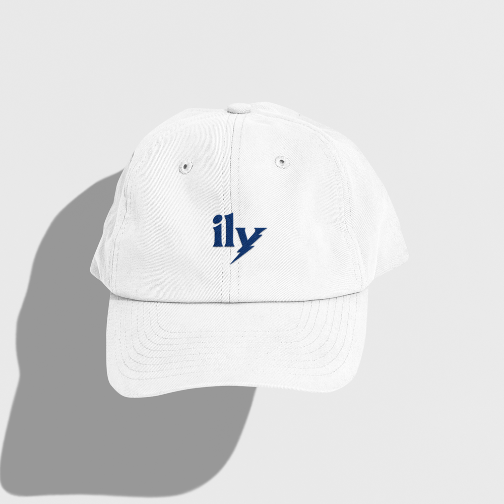 white hat, dad hat, ily, tampa bay lightning, bolts, i love you, y as a lightning bolt, blue embroidery