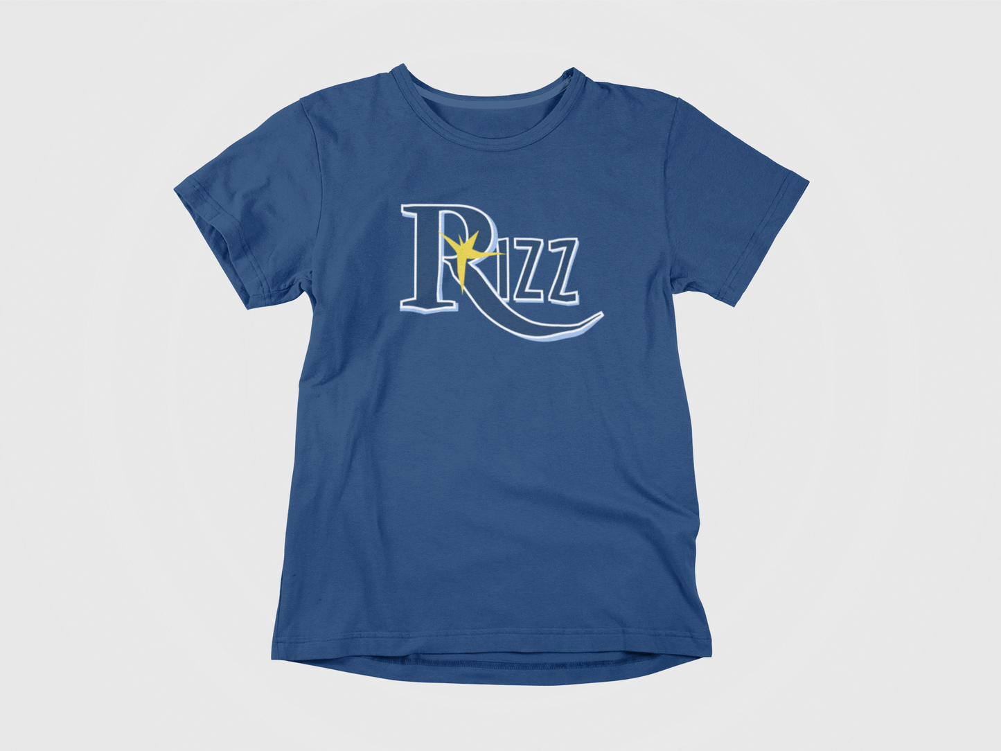 Navy shirt, front of shirt, Rizz, tampa bay rays, rays logo, starburst, blue and light blue font, rays