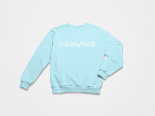 celeste crewneck, front of crewneck, sweatshirt, white lettering, tampa bae across the chest, lightning bolt, tampa bay lightning, bolts, light blue