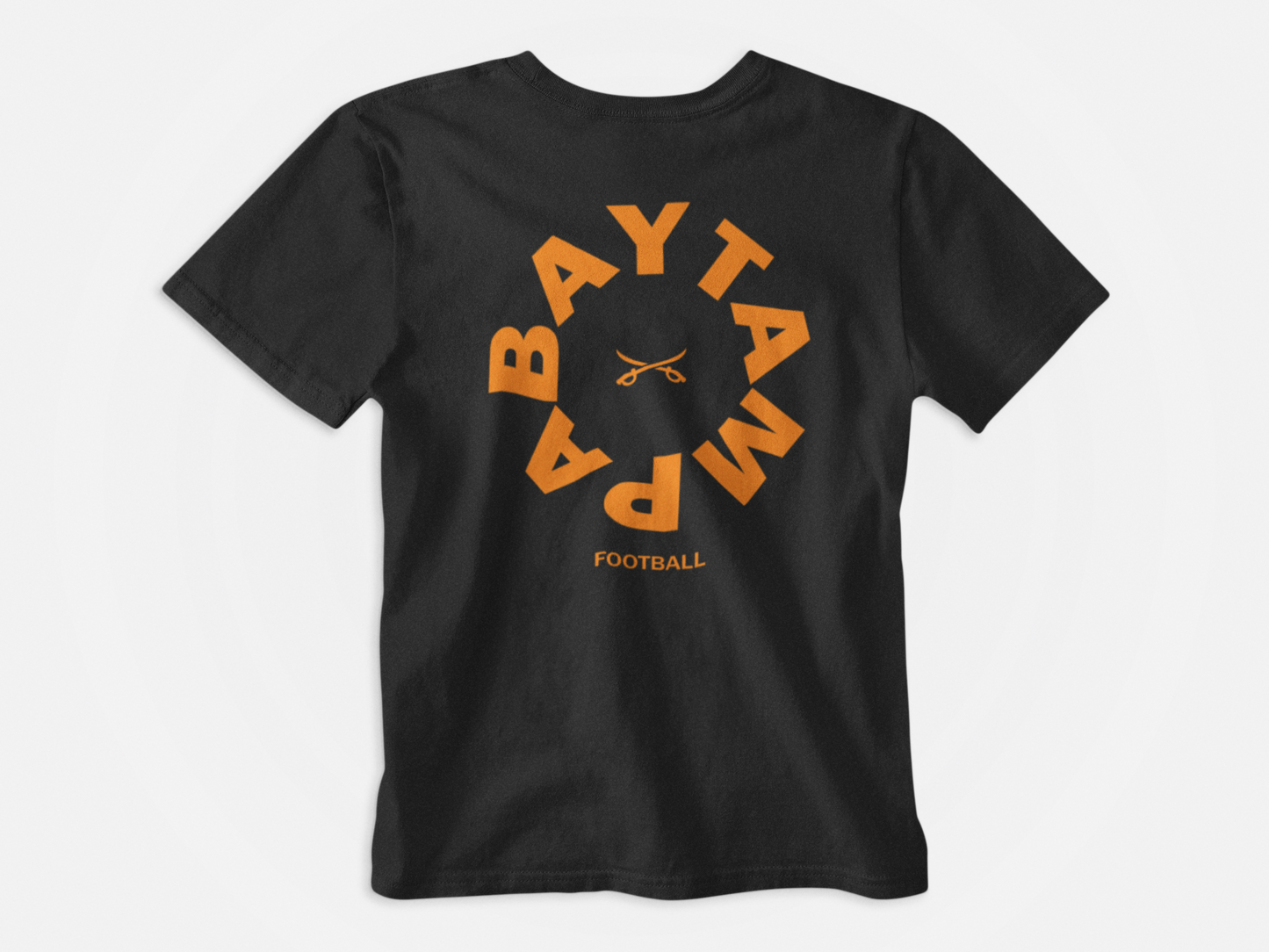 Back of Shirt, black shirt, creamsicle lettering, lettering say Tampa Bay Football, All Saints, words in circle, tampa bay buccaneers
