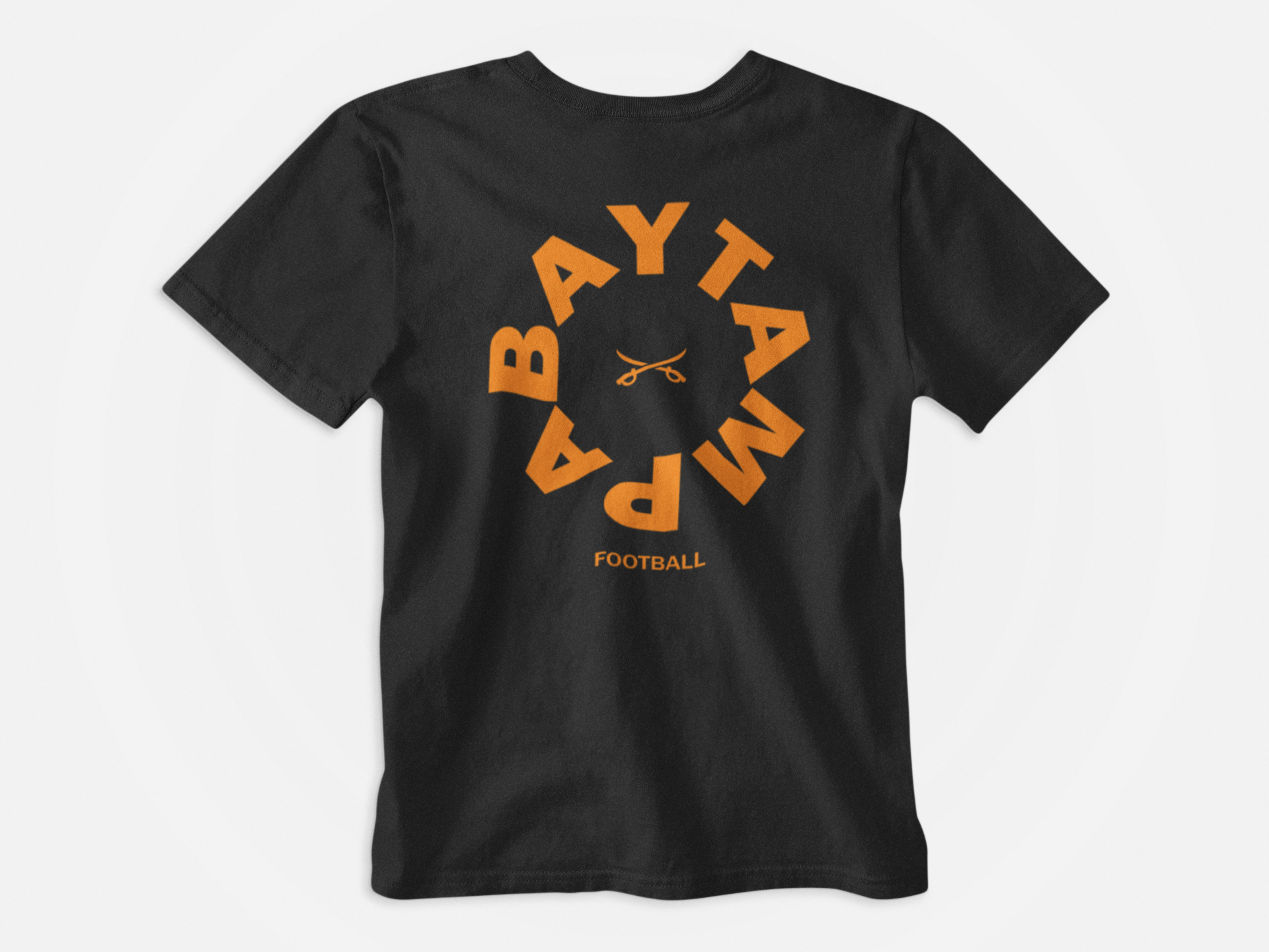 Back of Shirt, black shirt, creamsicle lettering, lettering say Tampa Bay Football, All Saints, words in circle, tampa bay buccaneers