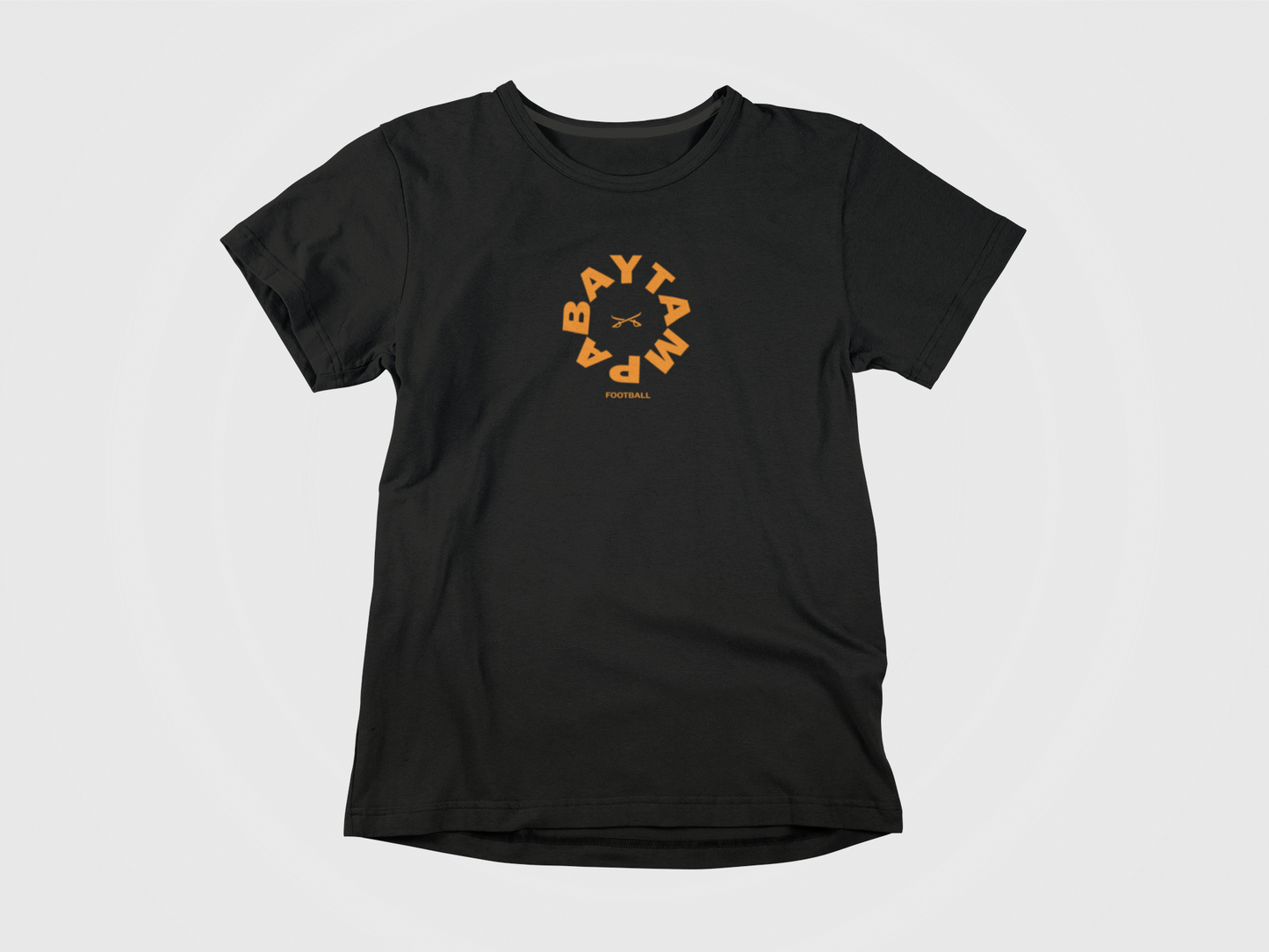 Front of Shirt, black shirt, creamsicle lettering, lettering say Tampa Bay Football, All Saints, words in circle, tampa bay buccaneers