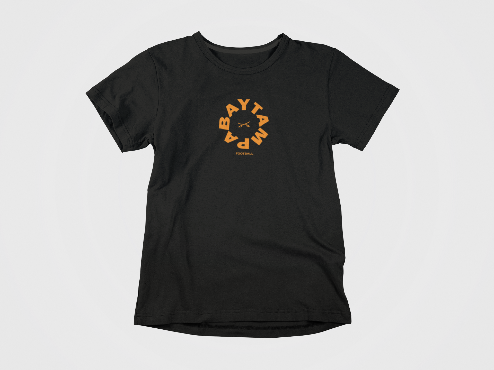 Front of Shirt, black shirt, creamsicle lettering, lettering say Tampa Bay Football, All Saints, words in circle, tampa bay buccaneers
