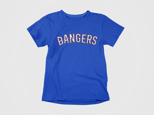 blue shirt, front of shirt, bangers across the chest, texas rangers, white and red lettering, bangers, texas rangers logo