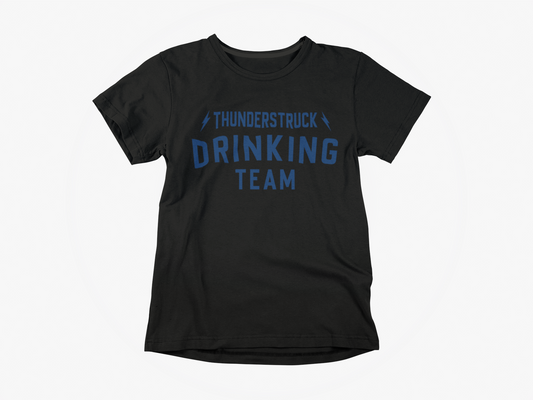 Front of shirt, black shirt, blue lettering, thunderstruck drinking team, lightning bolts, acdc, thunderstruck, thunderdrunk, tampa bay lightning, bolts, 