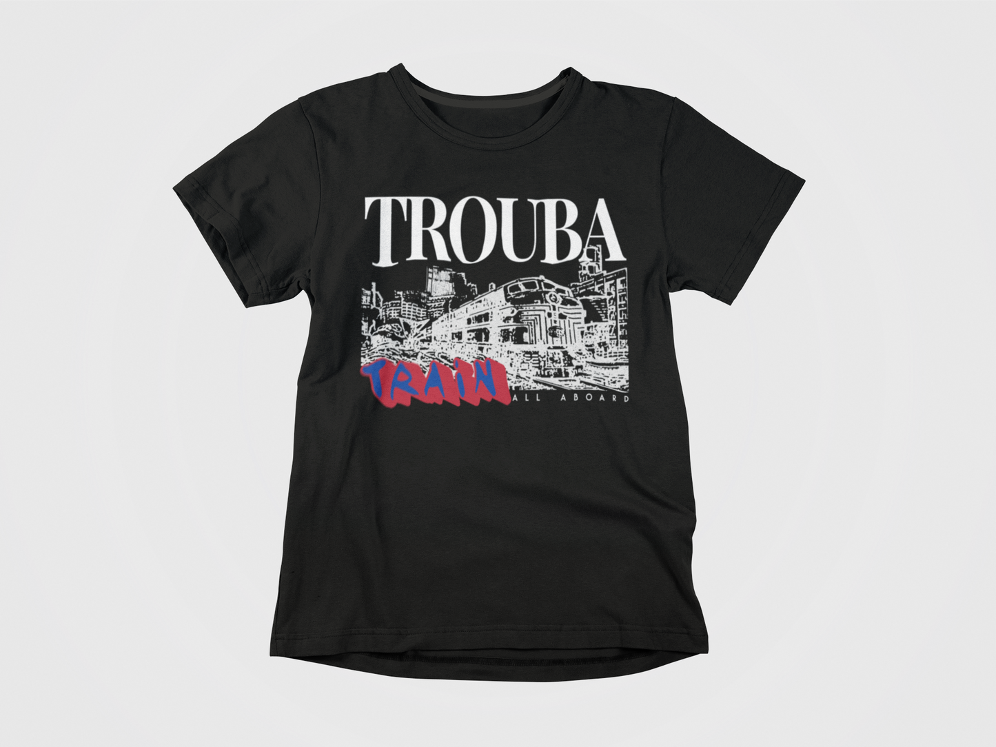 black shirt, front of shirt, trouba train, graffiti train outline, train leaving station, all aboard, new york rangers, jacob trouba, white lettering, red and blue lettering