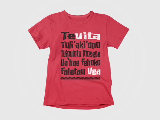 red shirt, front of shirt, black and red font, poynesian, polynesian design, vita vea, vita vea's full name, tampa bay buccaneers, bucs