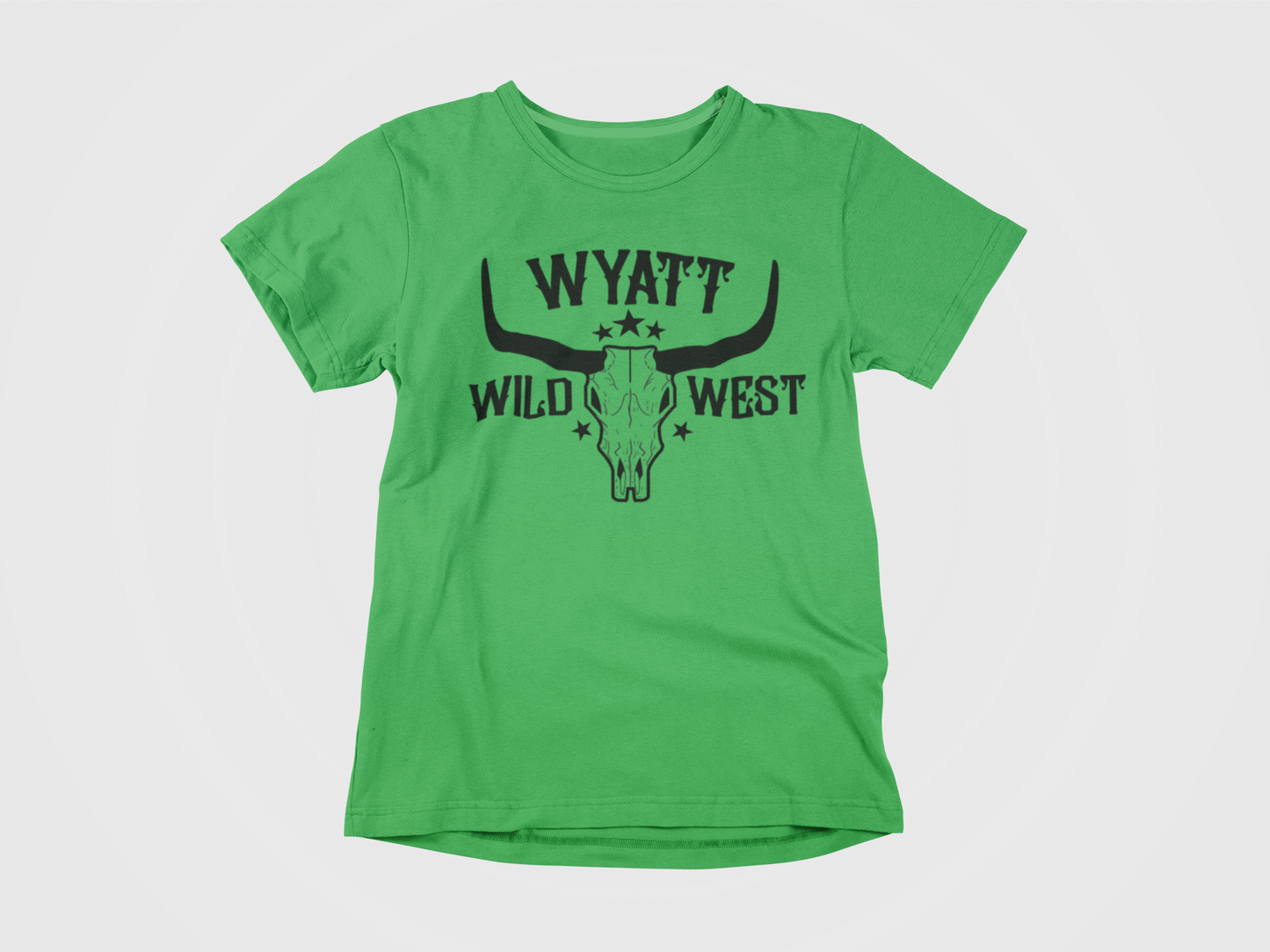 Green shirt, front of shirt, black print, black lettering, dallas stars, Wyatt Johnson, longhorn, stars 