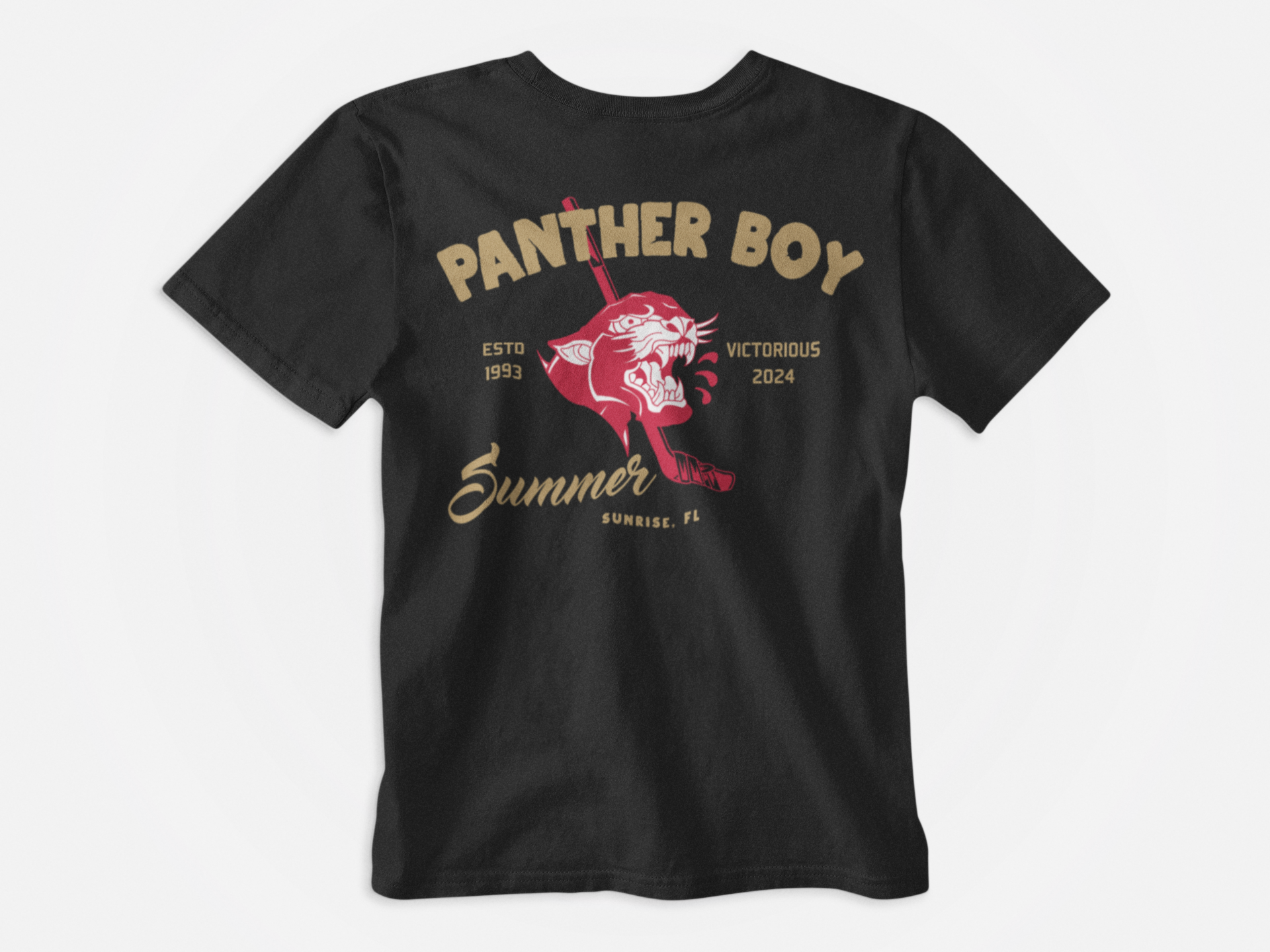 back of shirt, black shirt, gold lettering, red panther, panther boy summer, florida panthers, stanley cup champions, victorious 2024, old school tattoo panther