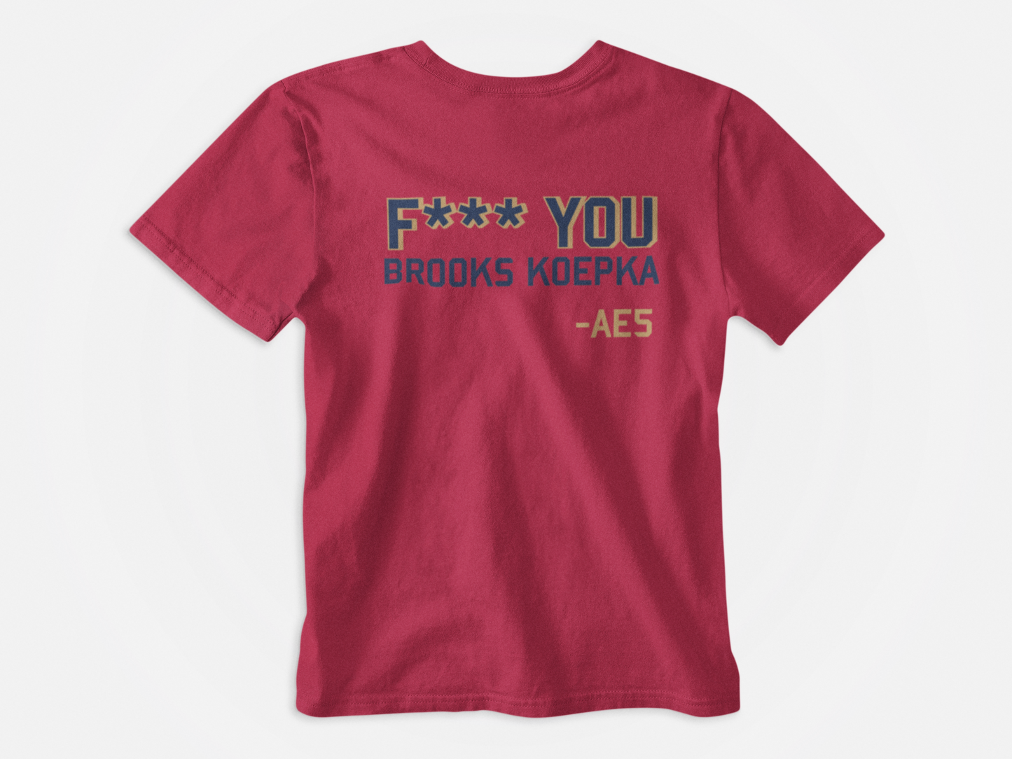 back of shirt, red shirt, blue lettering with gold outline. fuck you brooks koepka -ae5 across the back. florida panthers, aaron ekblad