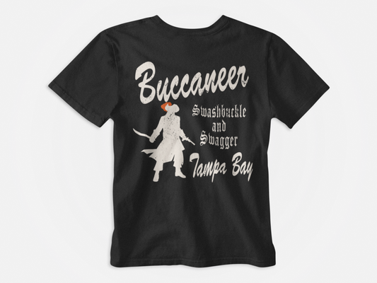 back of shirt, black shirt, vintage look, buccaneer, swashbuckle and swagger, tampa bay, tampa bay buccaneers, bucs, gasparilla, pirate