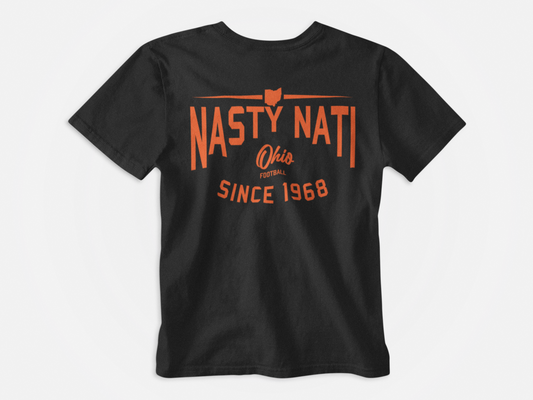 back of shirt, black shirt, orange lettering, nasti nati, ohio football, since 1968, cincinnati bengals, bengals