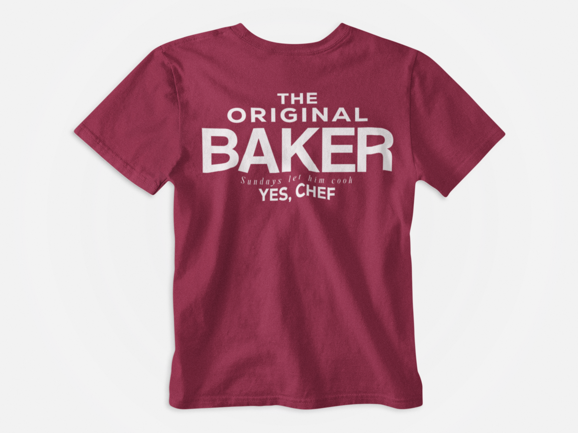 back of shirt, red shirt, the bear, the original baker of tampa bay, tampa bay buccaneers, bucs, baker mayfield, white lettering, sundays let him cook, yes chef