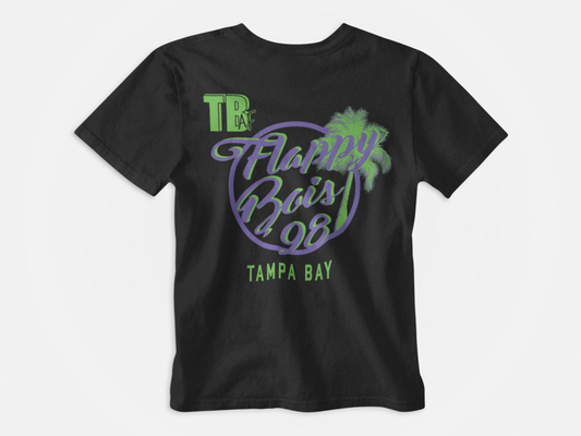 black shirt, back of shirt, purple and green lettering, TBAF, Flappy Bois, Tampa Bay MTV Logo, Tampa Bay Rays, palm tree, tampa bay across the bottom