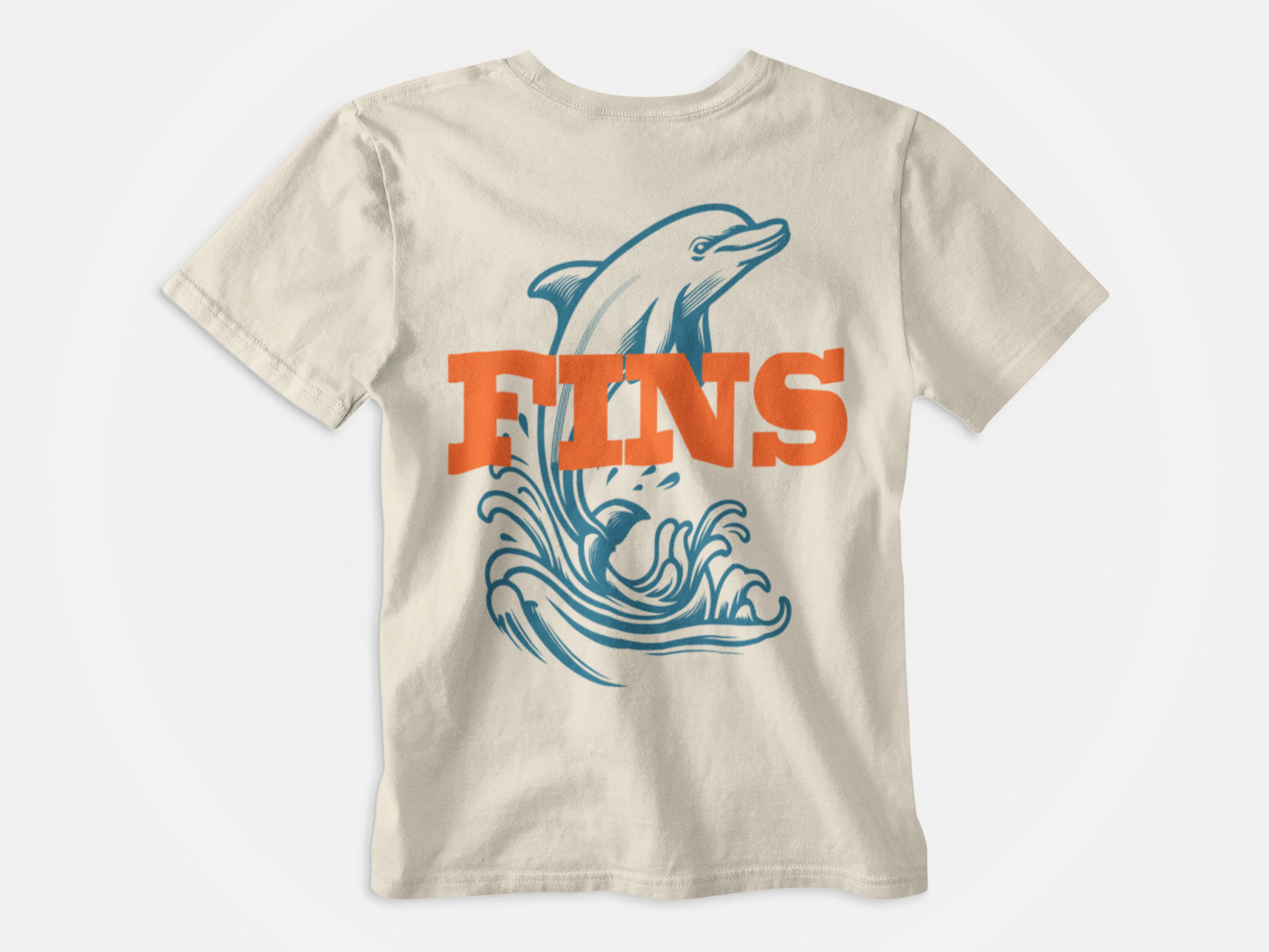 Creme colored shirt, back of shirt, fins written in orange, dolphin jumping out of the water, miami dolphins, fins up