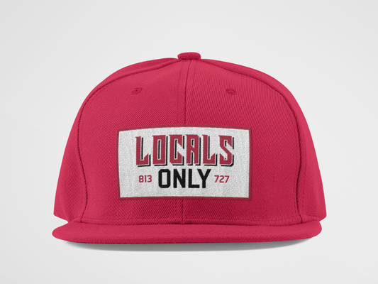 red hat, snapback, adjustable, locals only, buccanners font, tampa bay buccaneers, bucs, patch hat