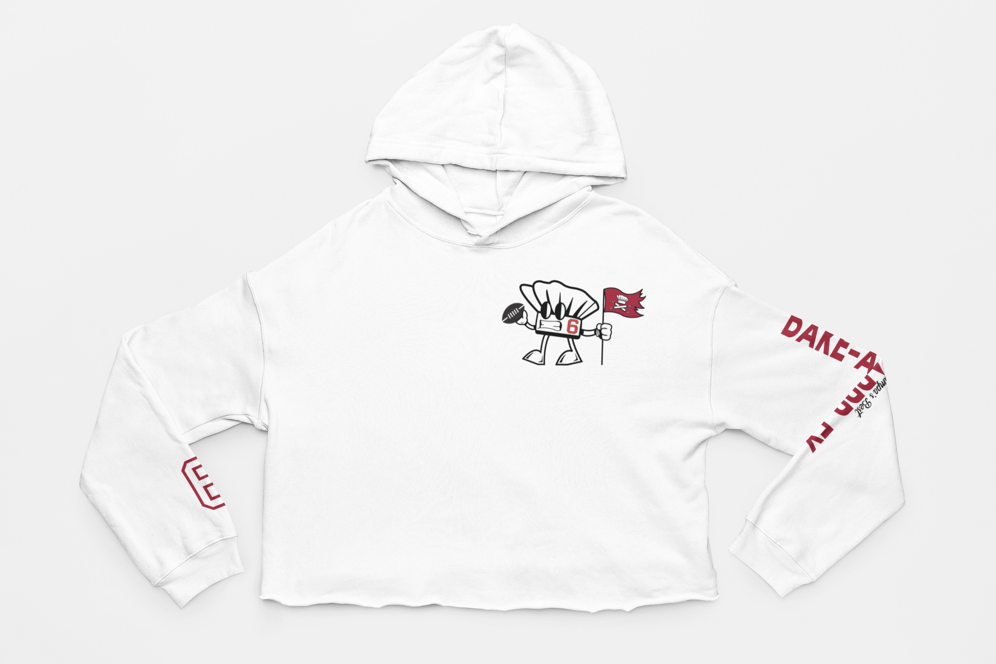 womens crop hoodie, white color, number 6 on right sleeve, baker mayfield cartoon holding flag on chest, left sleeve voted best bake-arrr-ey in tampa bay, tampa bay buccaneers