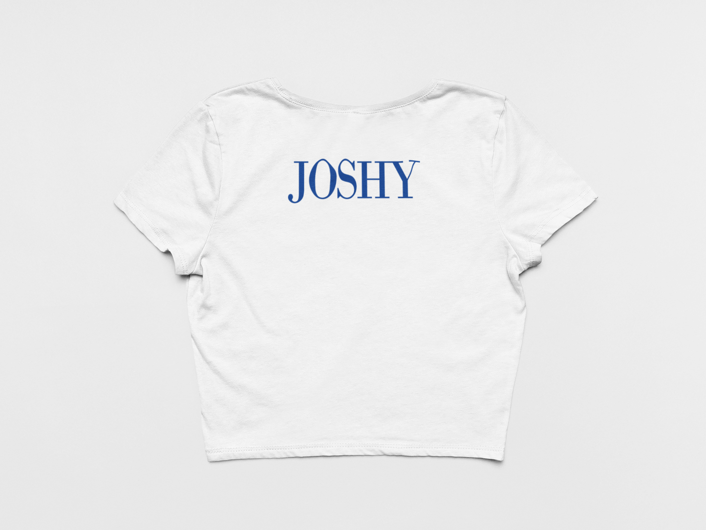 Back of Crop Top, White Color, Joshy printed on back in blue, Josh Allen, Buffalo Bills, Josh Allen, Bills Mafia