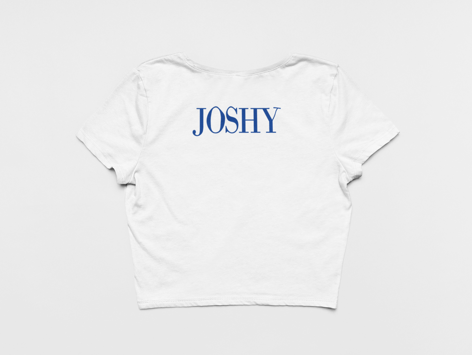 Back of Crop Top, White Color, Joshy printed on back in blue, Josh Allen, Buffalo Bills, Josh Allen, Bills Mafia