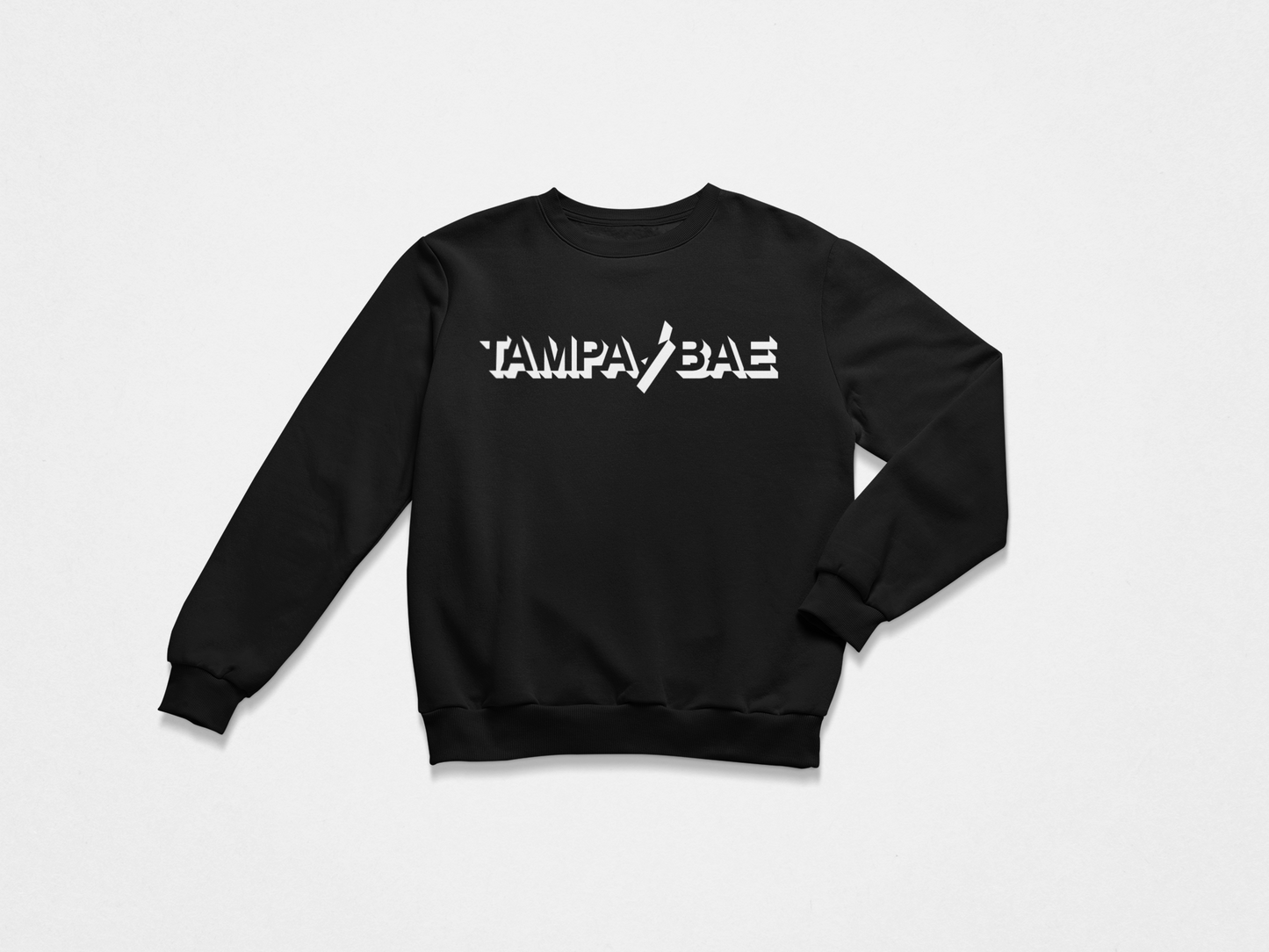 black crewneck, front of crewneck, sweatshirt, white lettering, tampa bae across the chest, lightning bolt, tampa bay lightning, bolts