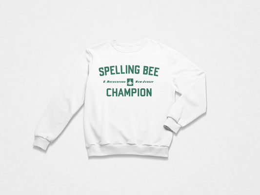 white sweatshirt, crewneck, front of crewneck, green lettering, spelling bee champion, east rutherford new jersey, new york jets, jets, 