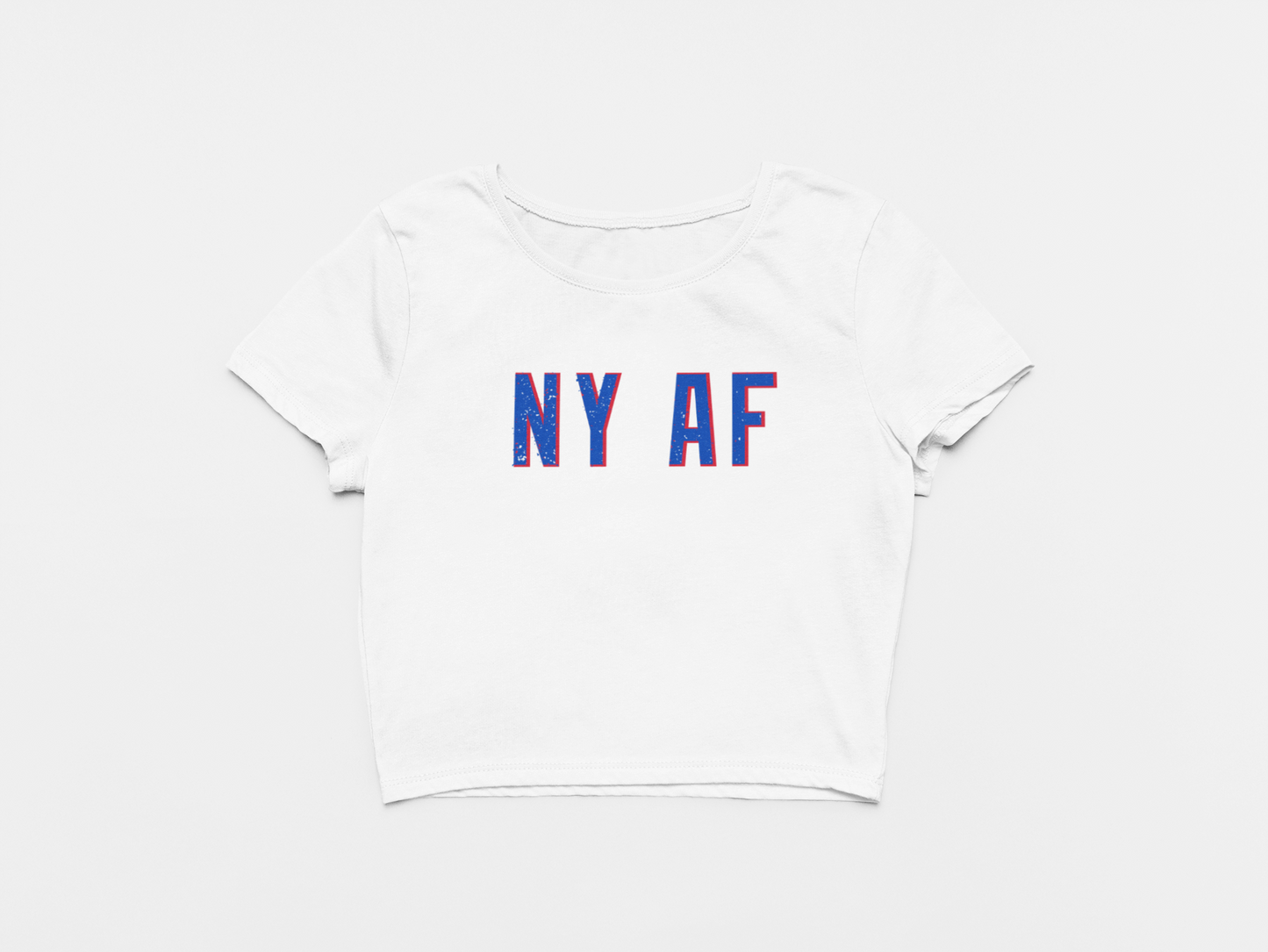 whtie crop top, front of crop top, blue and red lettering, NYAF, NY AF, new york rangers, rangers