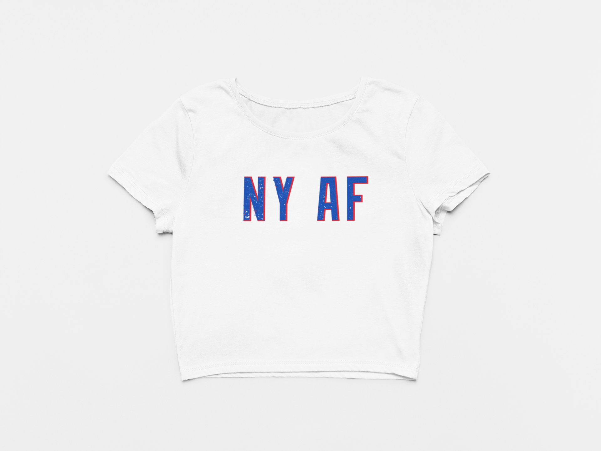 whtie crop top, front of crop top, blue and red lettering, NYAF, NY AF, new york rangers, rangers