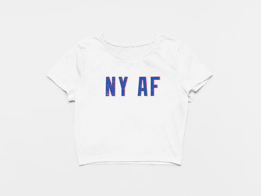 whtie crop top, front of crop top, blue and red lettering, NYAF, NY AF, new york rangers, rangers