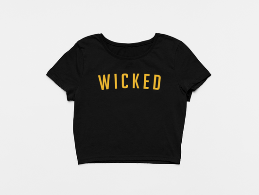 front of crop top, black crop top, yellow lettering, wicked, boston bruins