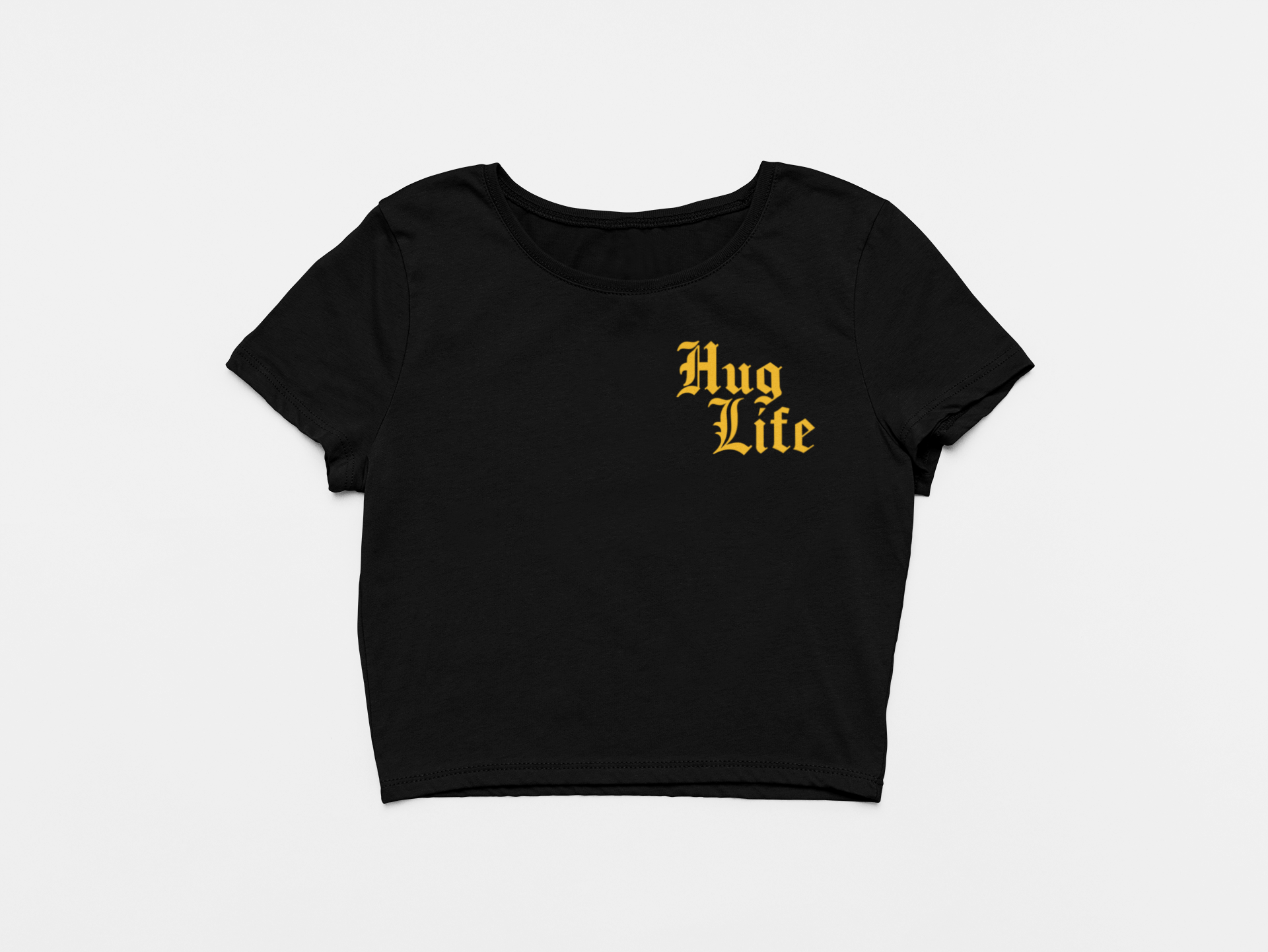 front of crop top, black crop top, yellow lettering, hug life, boston goalies, boston bruins