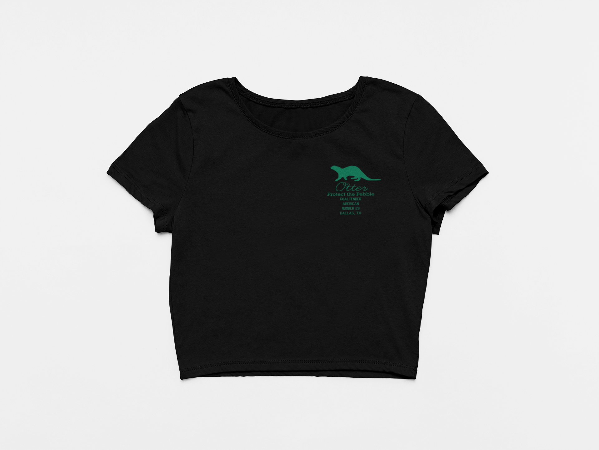 black crop top, front of crop top, green lettering, otter, jake oettinger, picture of otter