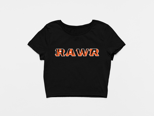 black crop top, front of crop top, orange black and white lettering, rawr across the chest, stripped font, bengals font, cincinnati bengals, bengals