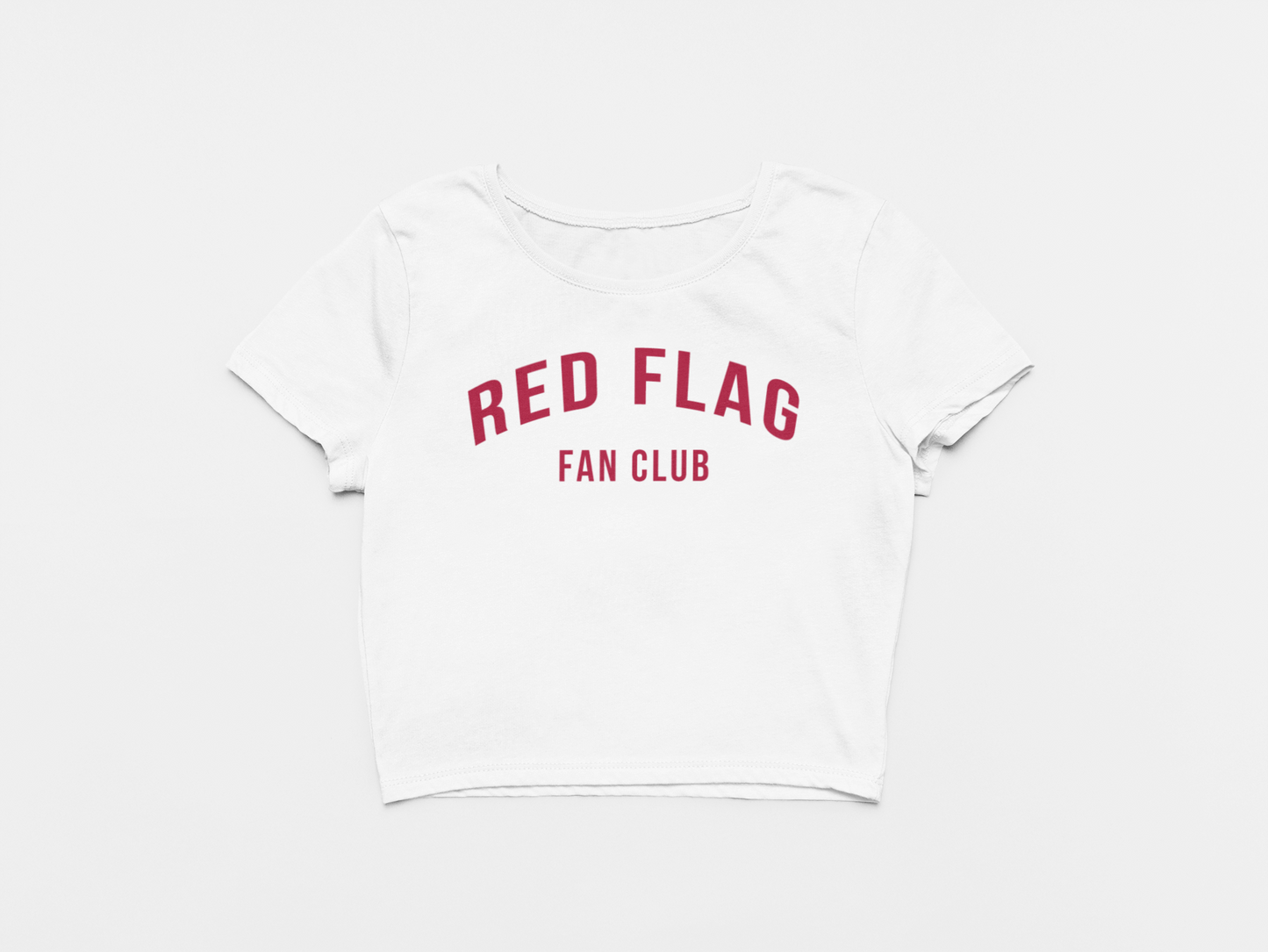 front of crop top, white crop top, red lettering, red flag fan club, arched, curved, tampa bay buccaners, bucs, red flag 