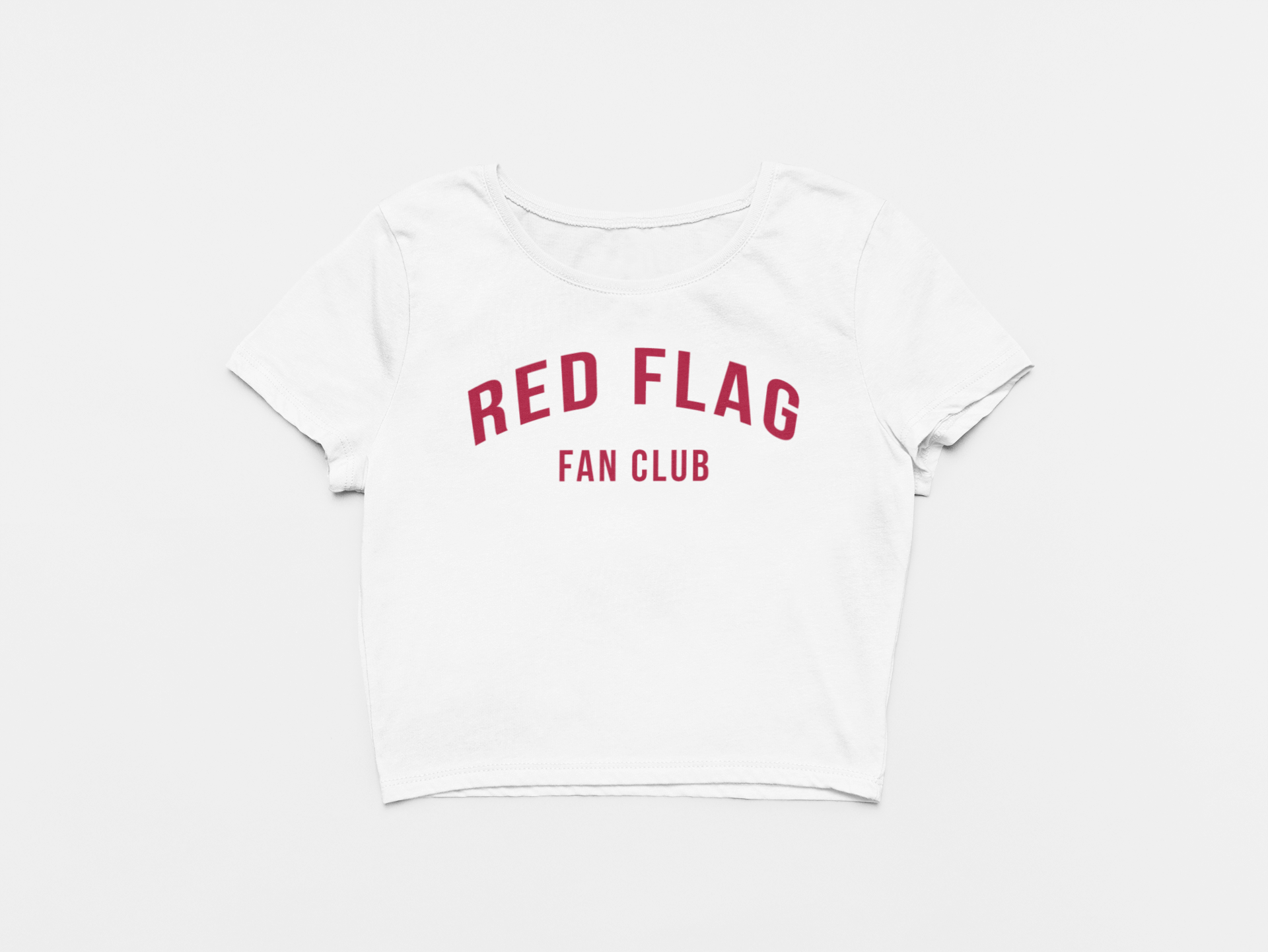 front of crop top, white crop top, red lettering, red flag fan club, arched, curved, tampa bay buccaners, bucs, red flag 