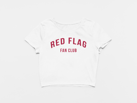 front of crop top, white crop top, red lettering, red flag fan club, arched, curved, tampa bay buccaners, bucs, red flag 