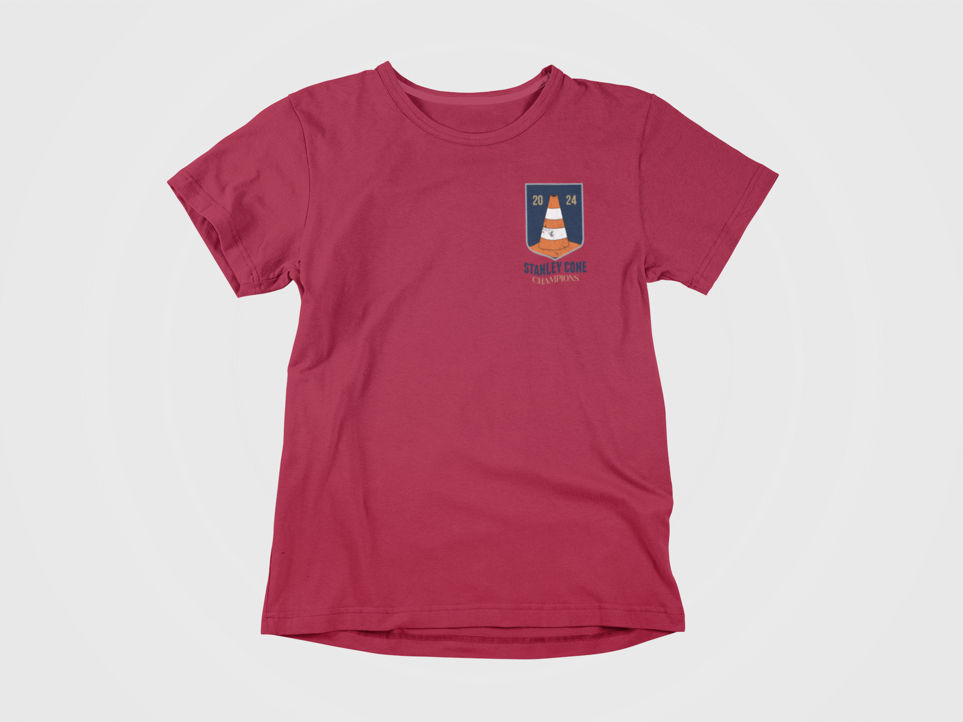 front of shirt, red shirt, cone in cup logo, pocket design, 2024, stanley cone champions, florida panthers