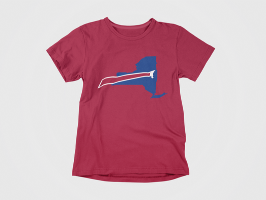 front of shirt, red shirt, new york state as bills logo, buffalo bills, new york bills, bills 