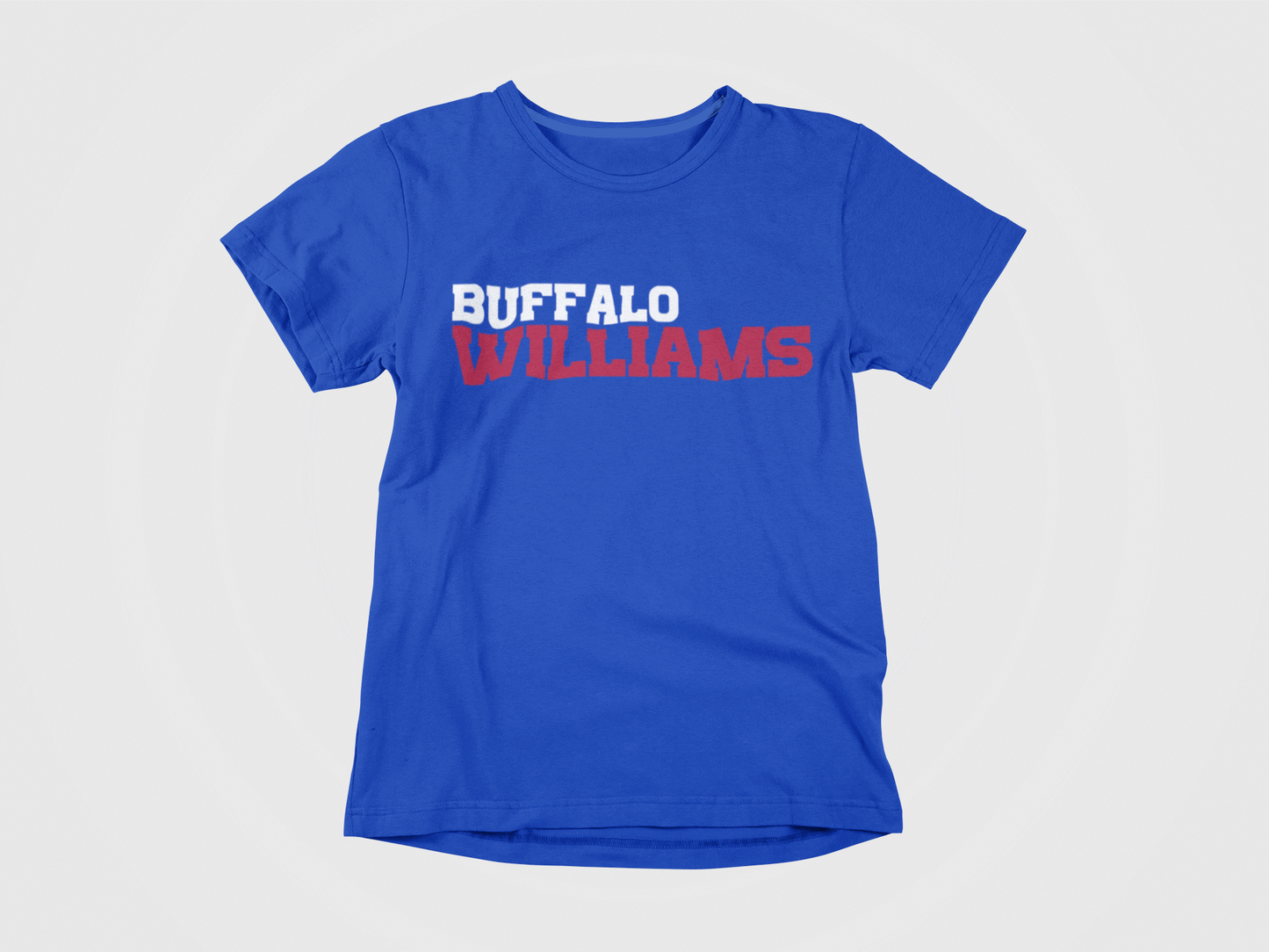 front of shirt, blue shirt, white and red lettering, buffalo williams, buffalo bills