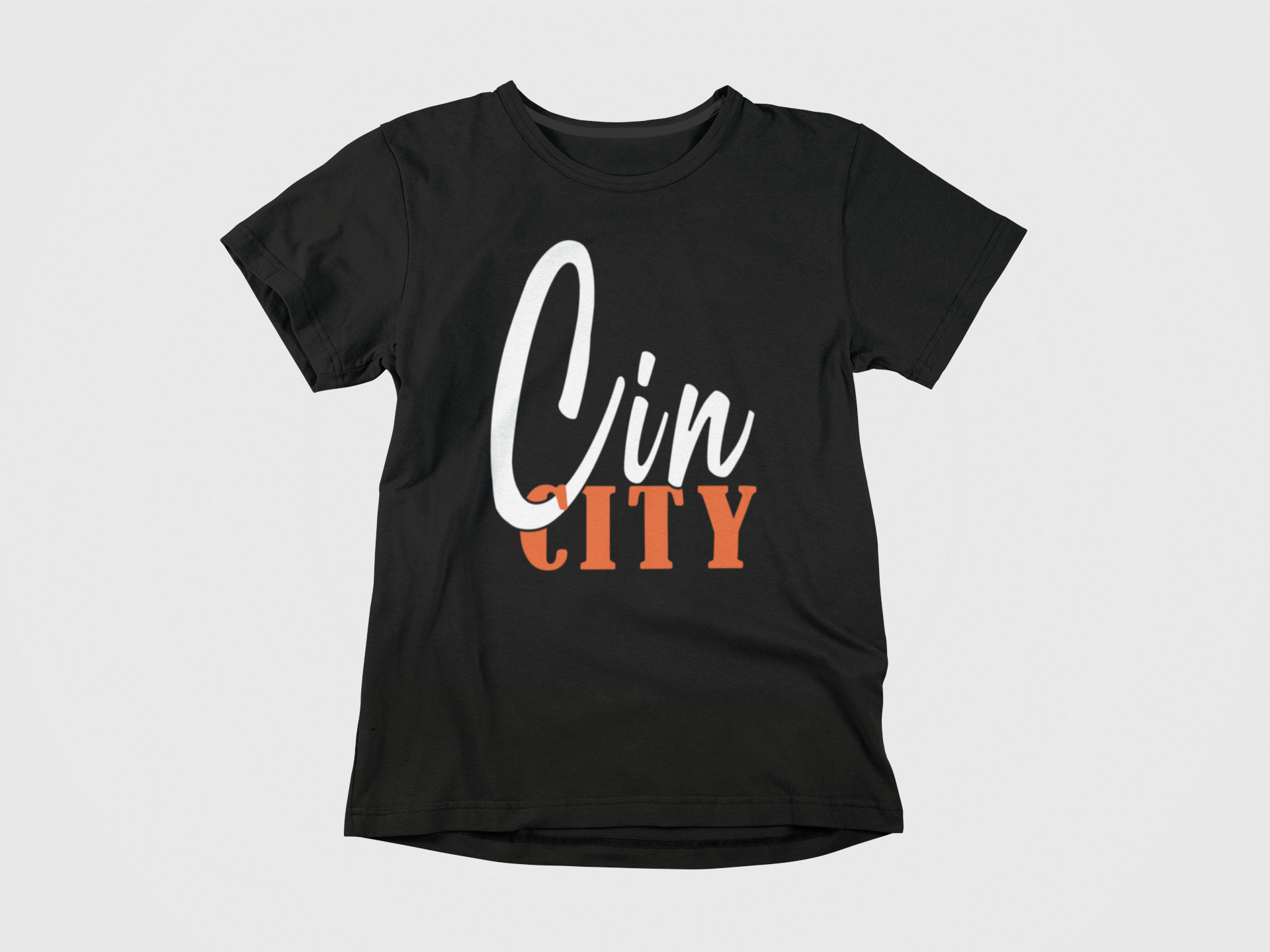 black shirt, front of shirt, white and orange lettering, Cin City,  Cincinnati Bengals, Bengals