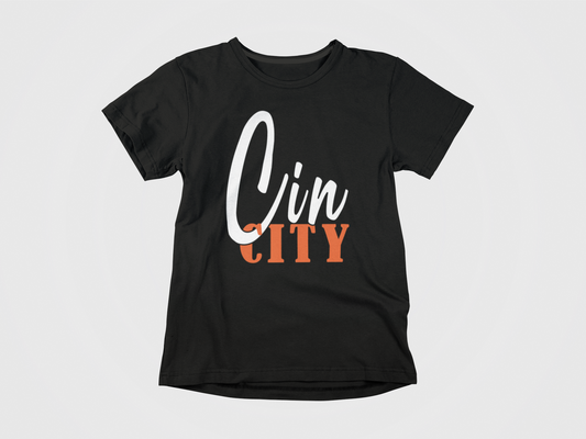 black shirt, front of shirt, white and orange lettering, Cin City,  Cincinnati Bengals, Bengals