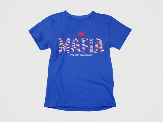 front of shirt, blue shirt, mafia zubaz, red and white lettering, athletic department, red buffalo, buffalo bills, bills, mafia