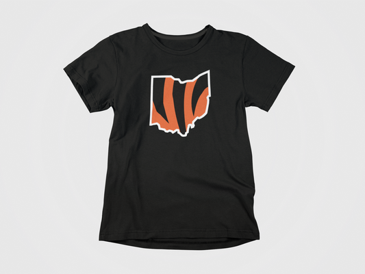 front of shirt, black shirt, ohio with bengals stripes, ohio with black and orange stripes, cincinnati bengals, bengals