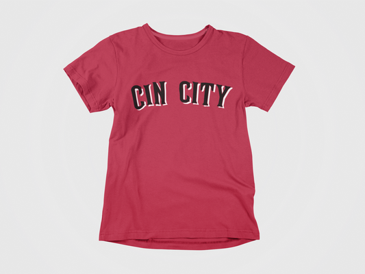 red shirt, front of shirt, black and white lettering, cin city across the chest, cincinnati reds, reds